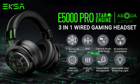 EKSA E5000 Pro Gaming Headphones for PC/PS4/Xbox/Switch, 7.1 Wired Headset Gamer with ENC Mic, USB/Type C/3.5mm Detachable Cable