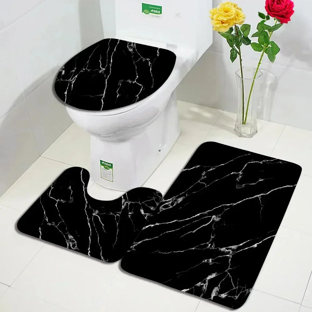 Abstract Black White Marble Bath Mat Set Creative Geometric Texture Modern Carpet Home Bathroom Decor Non-slip Rugs Toilet Cover