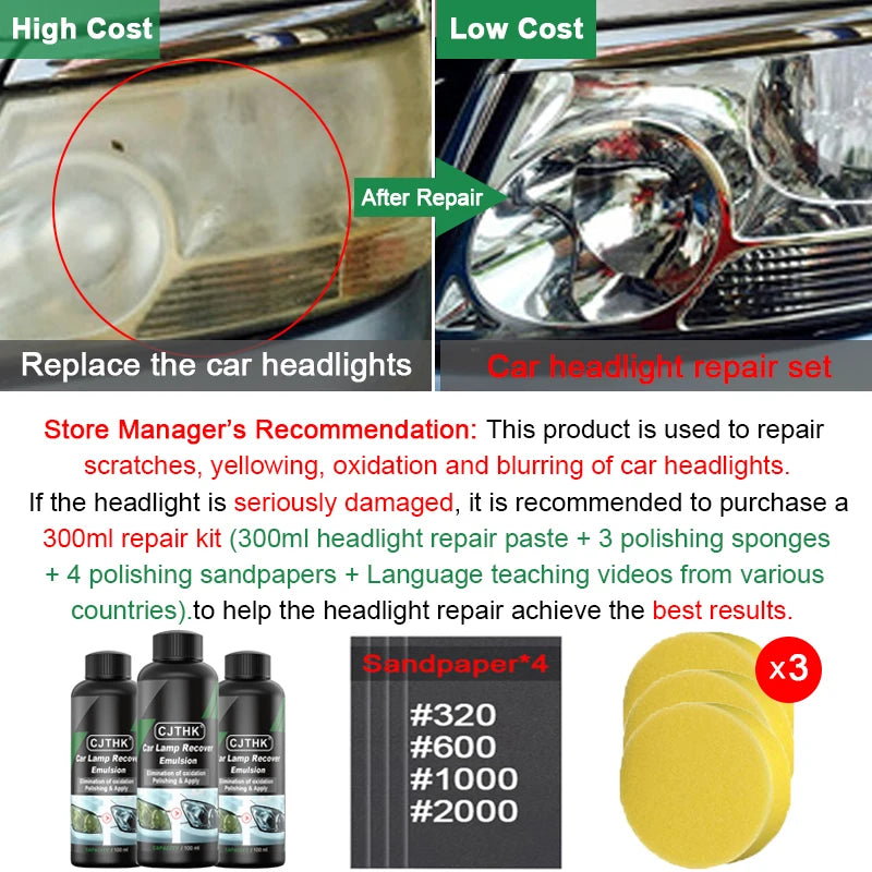 Car Headlight Restoration Polishing Kits Headlamp Scratch Remover Repair Cleaning Paste Remove Oxidation Headlight Polish Liquid