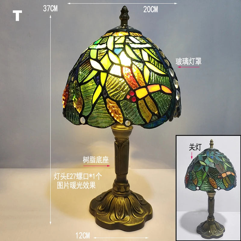 Retro Tiffany Table Lamp E27 Stained Glass Lampshade Mediterranean Style Baroque Table Light Bedroom Bedside Nightstand Lighting