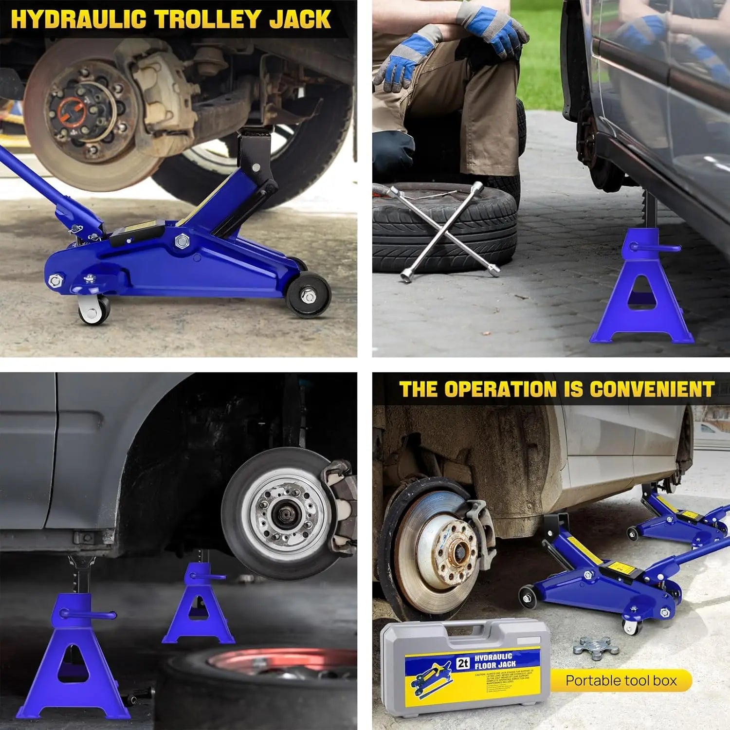 Floor Jack & Stand Combo-2 Ton Low Profile Hydraulic&3 Ton Axle Stand Set,Tire Repair Kit Steel Racing Quick Lift