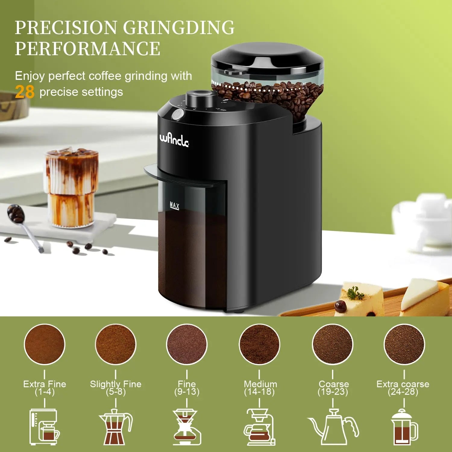 Electric Coffee Grinder Adjustable Burr Mill Coffee Bean Grinding with 28 Grind Settings for French Press Drip Espresso Coffee