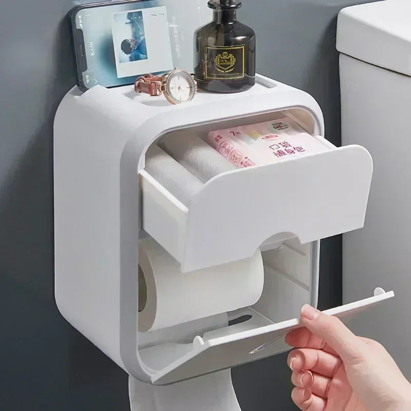 Toilet Paper Holder Box holder Bathroom Rack Waterproof Reel Tissue Storage Box Punch-free Kitchen Bathroom Storage Holder