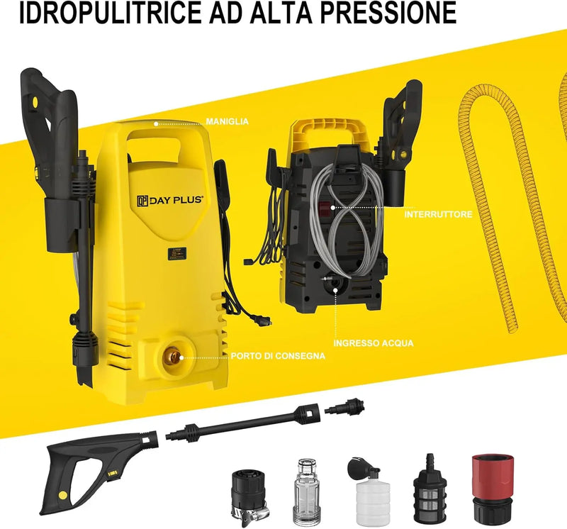 Electric High Pressure Washer 1600W,120bar,380l/h Adjustable Lance from 0 to 180°,7m Flexible Hose,for Terraces,Gardens,Cars