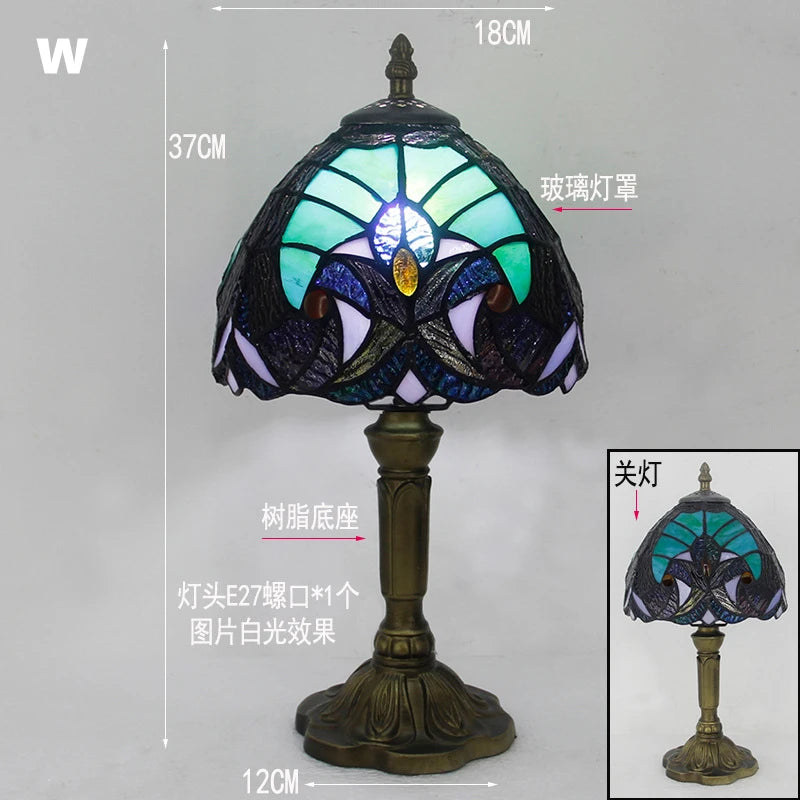 Retro Tiffany Table Lamp E27 Stained Glass Lampshade Mediterranean Style Baroque Table Light Bedroom Bedside Nightstand Lighting