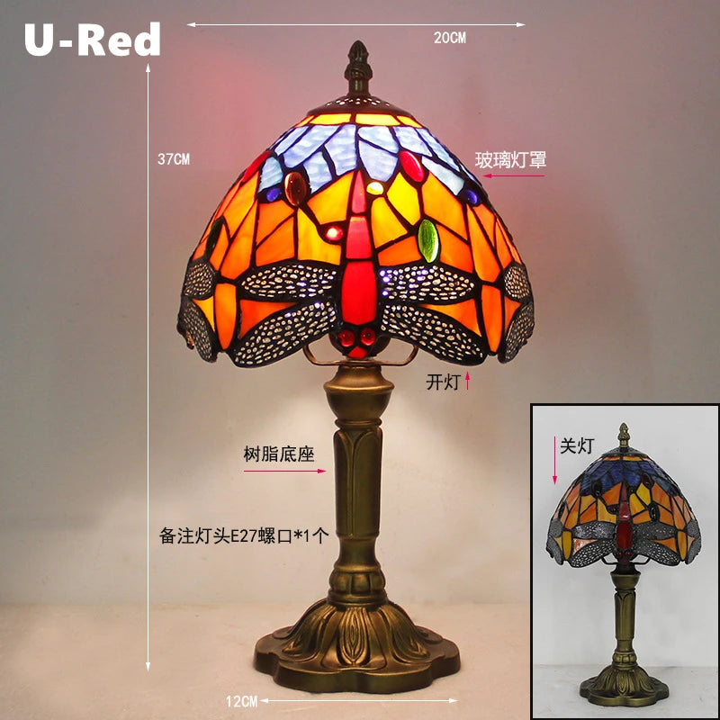 Retro Tiffany Table Lamp E27 Stained Glass Lampshade Mediterranean Style Baroque Table Light Bedroom Bedside Nightstand Lighting