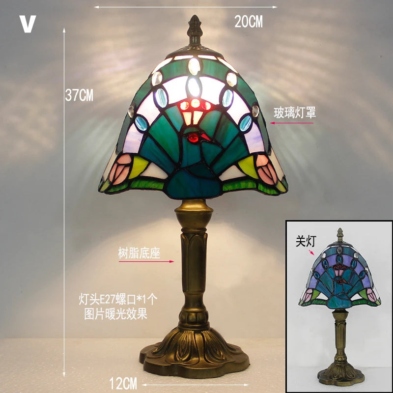 Retro Tiffany Table Lamp E27 Stained Glass Lampshade Mediterranean Style Baroque Table Light Bedroom Bedside Nightstand Lighting