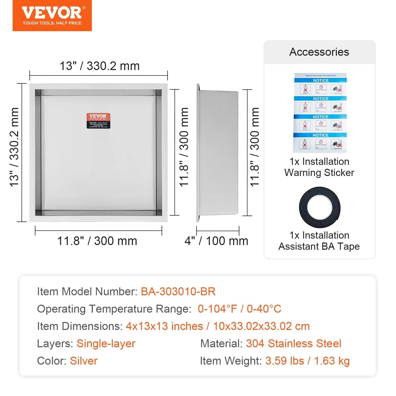 VEVOR No Tile Shower Niche 304 Stainless Steel Wall Inserted Niche Recessed Double Shelves for Shower or Soap Storage Bathroom