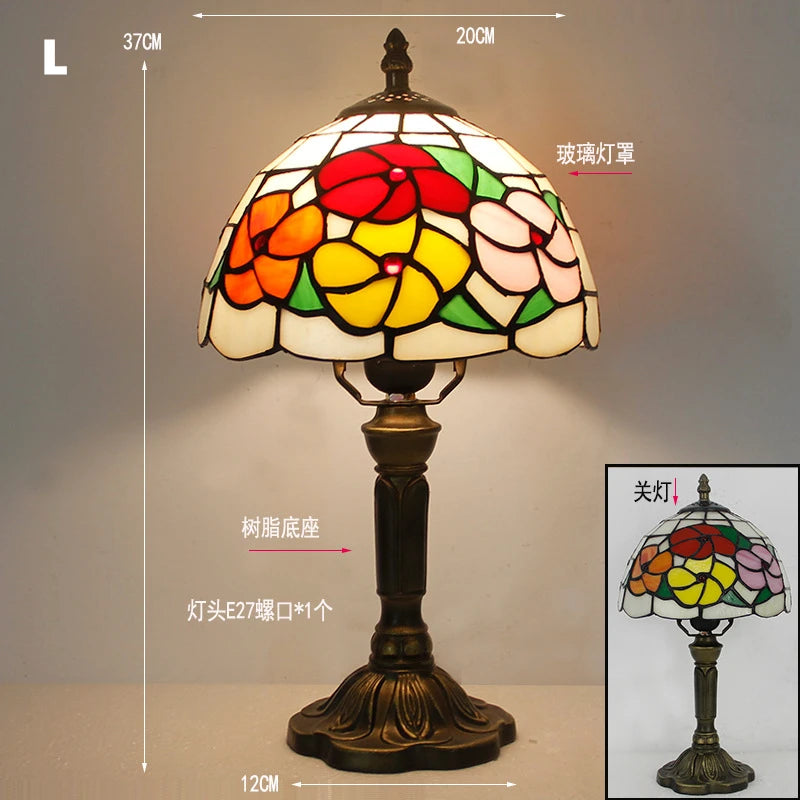 Retro Tiffany Table Lamp E27 Stained Glass Lampshade Mediterranean Style Baroque Table Light Bedroom Bedside Nightstand Lighting