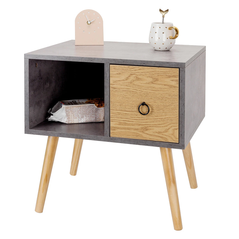 Grey Nightstand Waterproof Bedside Table Coffee Table with Small Drawer Open Wooden Storage Compartment for Living Room Bedroom