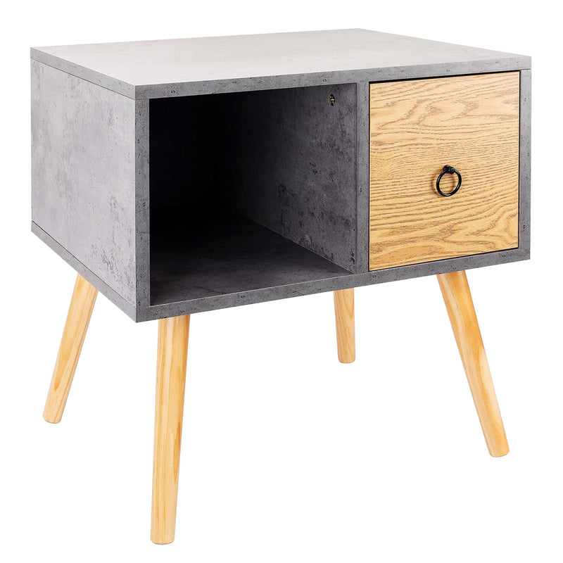 Grey Nightstand Waterproof Bedside Table Coffee Table with Small Drawer Open Wooden Storage Compartment for Living Room Bedroom