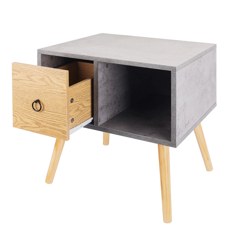 Grey Nightstand Waterproof Bedside Table Coffee Table with Small Drawer Open Wooden Storage Compartment for Living Room Bedroom